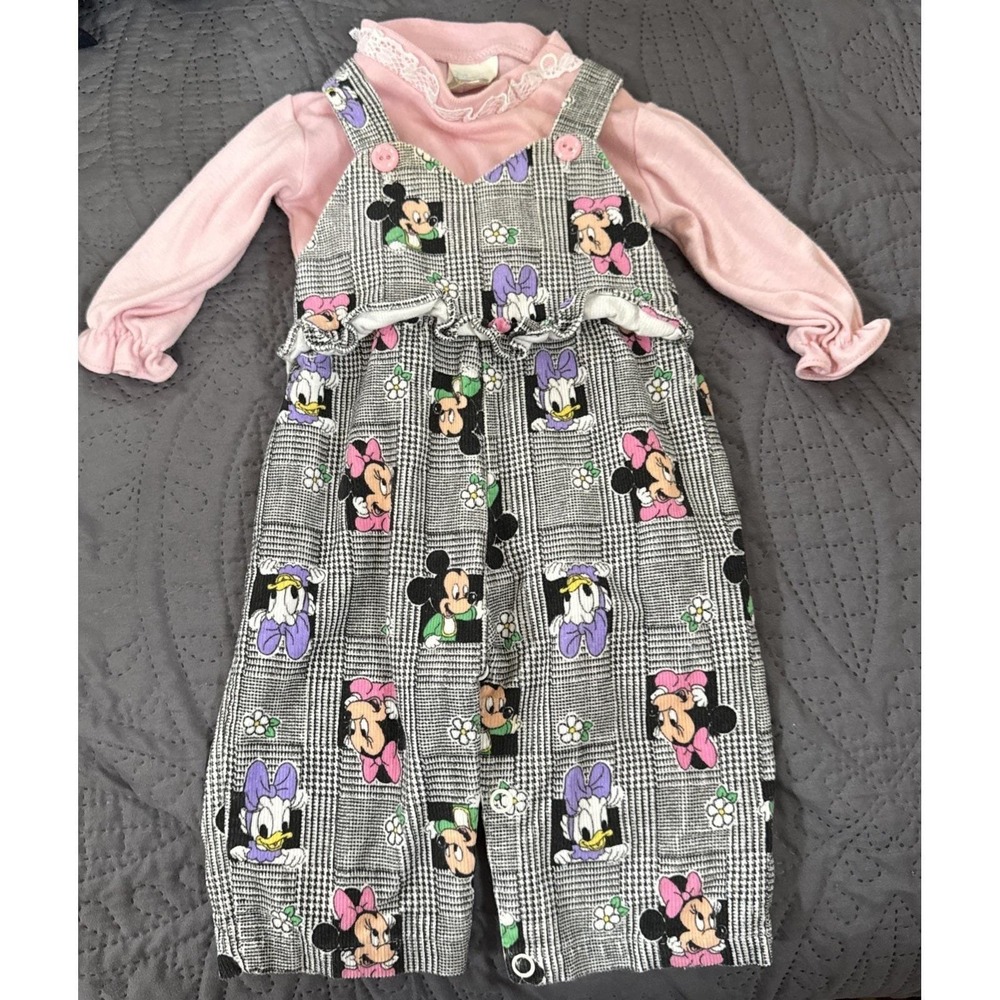 Vintage Mickey & friends Disney Characters Adorable Baby Overalls & Shirt 0-6 Mo
